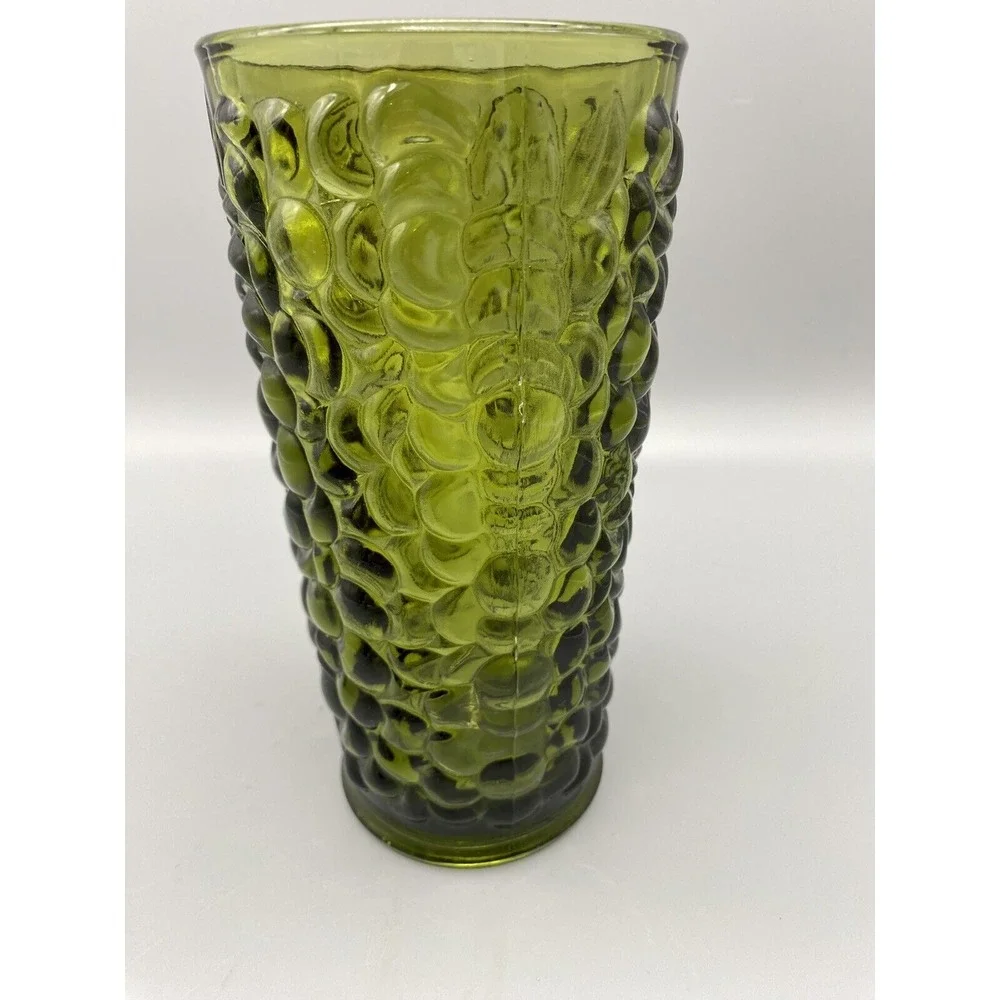 Mid-Century Modern Indiana Avacado Green‎ Glass Vase W/Embossed Grapes
